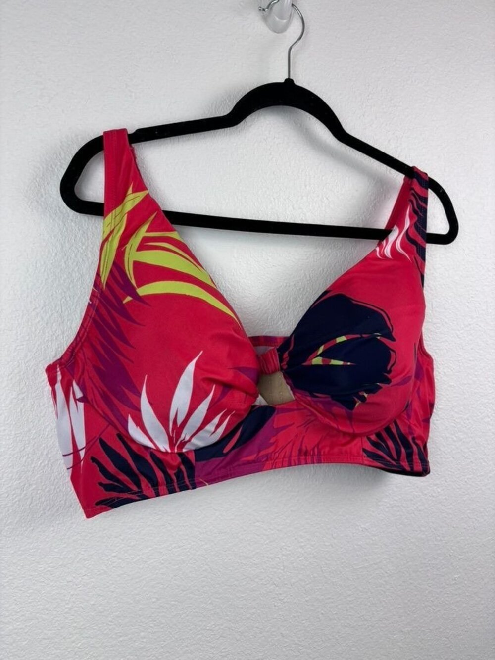 Cacique women's 40DD red tropical plunge bikini swim top underwire built in bra - Picture 2 of 6